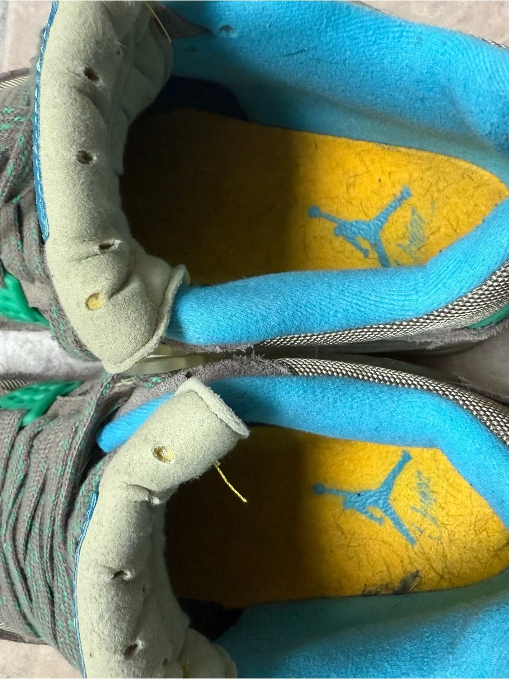 Jordan 4 union Sneakers in Taupe with Teal and Blue Accents